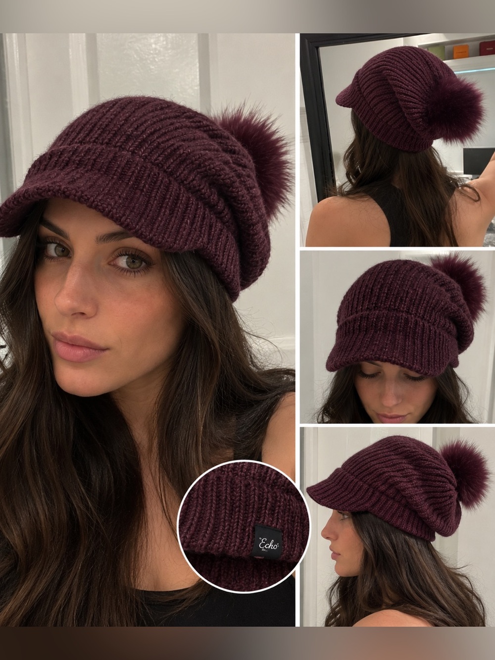 Echo | Ribbed Pom-Pom Beanie Hat in Burgundy